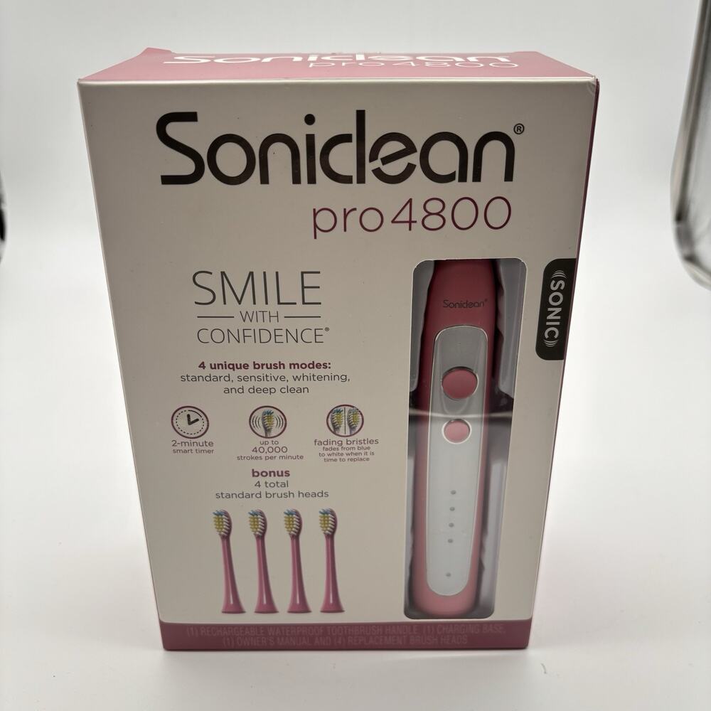 NEW Soniclean Pro 4800 Rechargeable Sonic Toothbrush – Pink with 4 Brush Heads